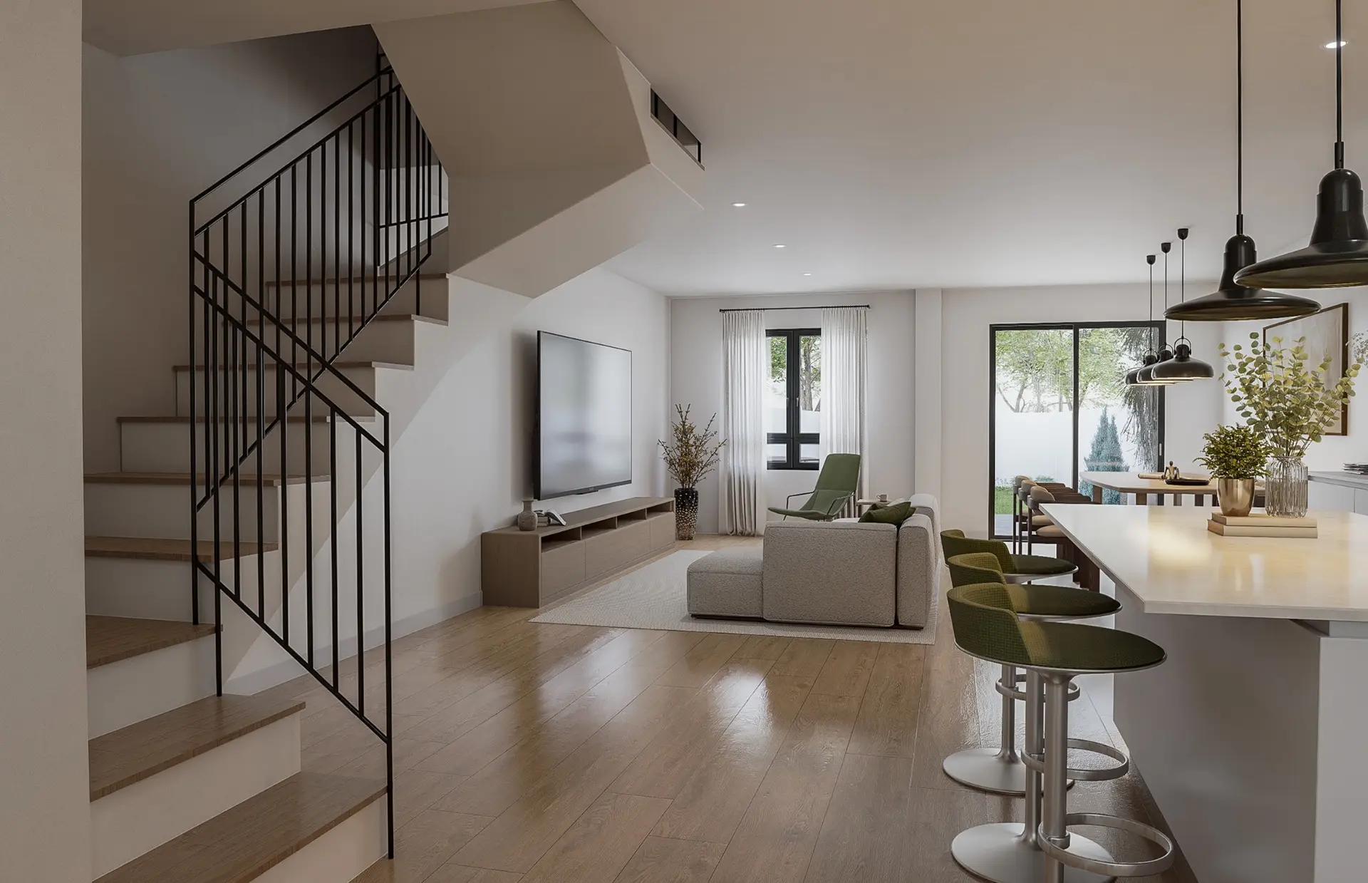 Escalera abierta hacia el salón y la cocina